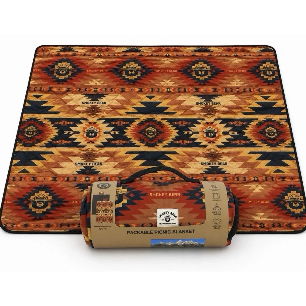Smokey The Bear Packable Picnic Blanket Southwest 70x70 Roll Up Strap NEW